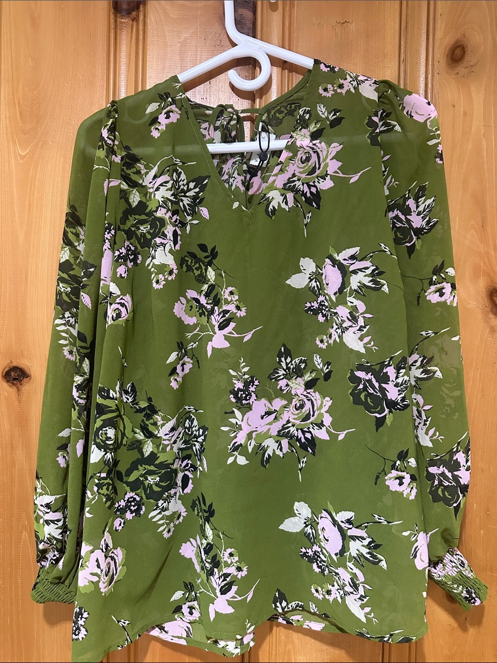 Olive Green Long Sleeve Floral V-Neck Dress